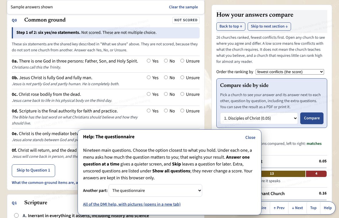 The Help panel open over the questionnaire, with the Help button in the bar at the foot of the screen