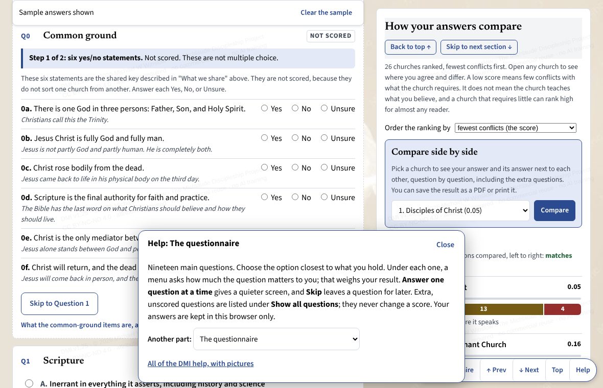 The Help panel open over the questionnaire, with the Help button in the bar at the foot of the screen