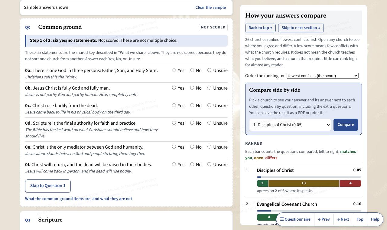 The results next to the questions, with a ranked list of churches