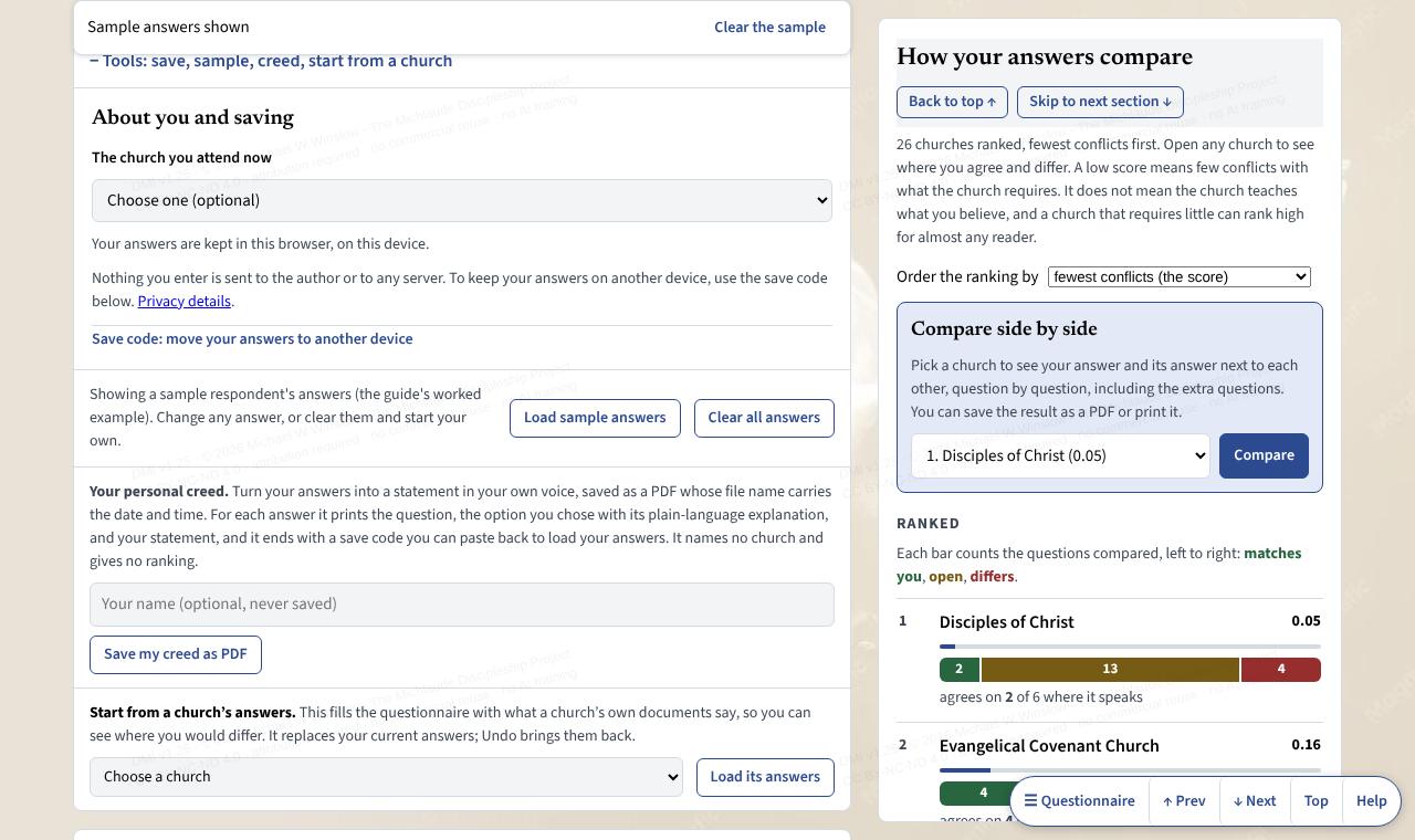 The tools box: save code, sample answers, personal creed and start from a church