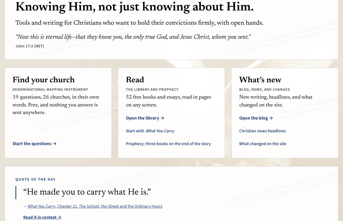 The home page with its three doors: Find your church, Read, and What’s new