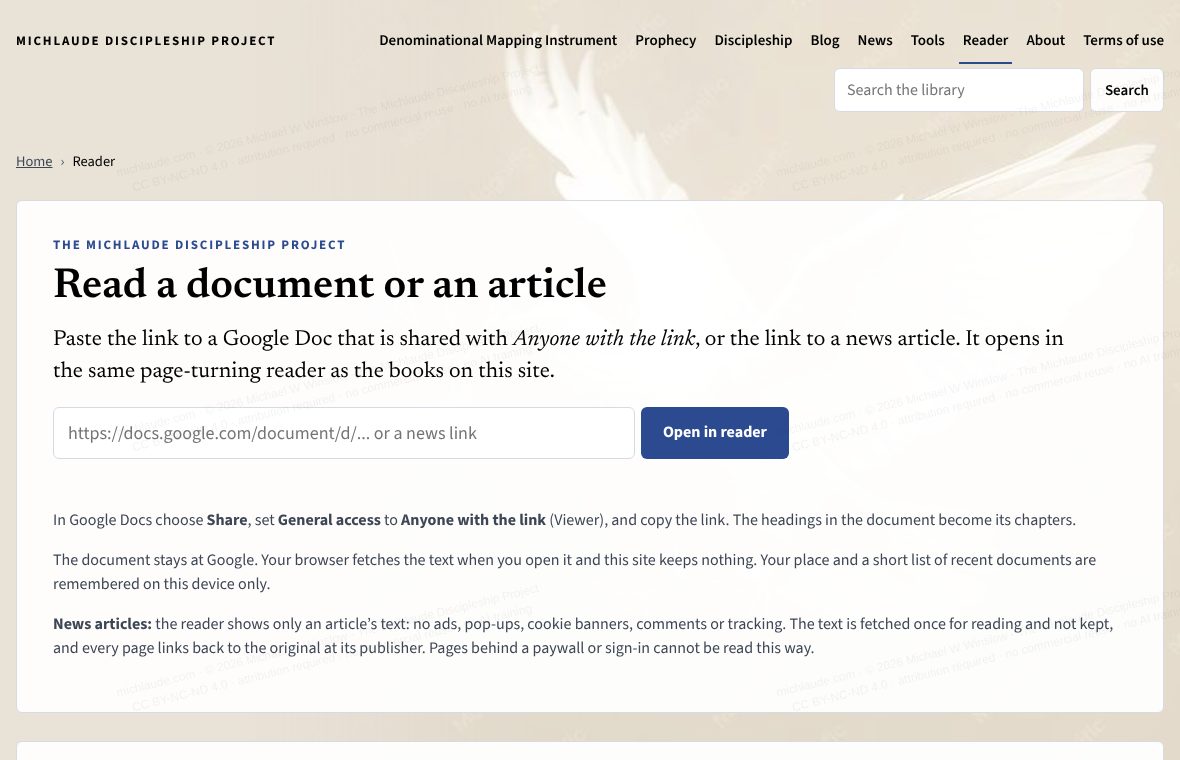 The Reader page with the link box