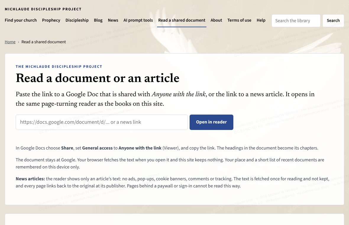 The Reader page with the link box