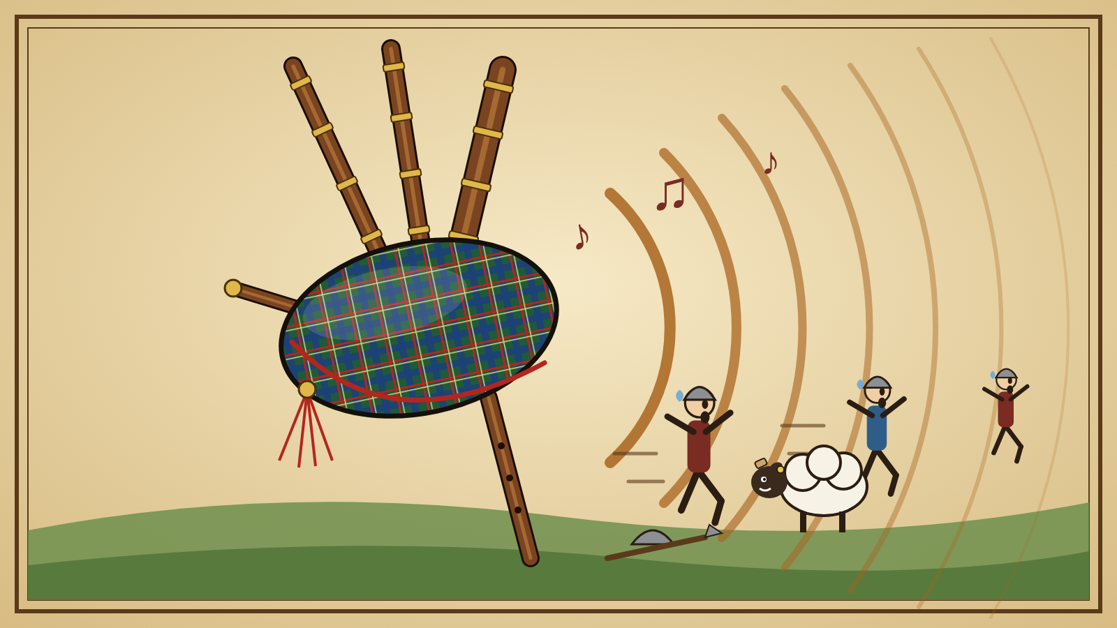 An illustration on parchment of a tartan bagpipe with three drones, its sound waves rolling across a green hill toward three soldiers running away in alarm and one sheep wearing earplugs.