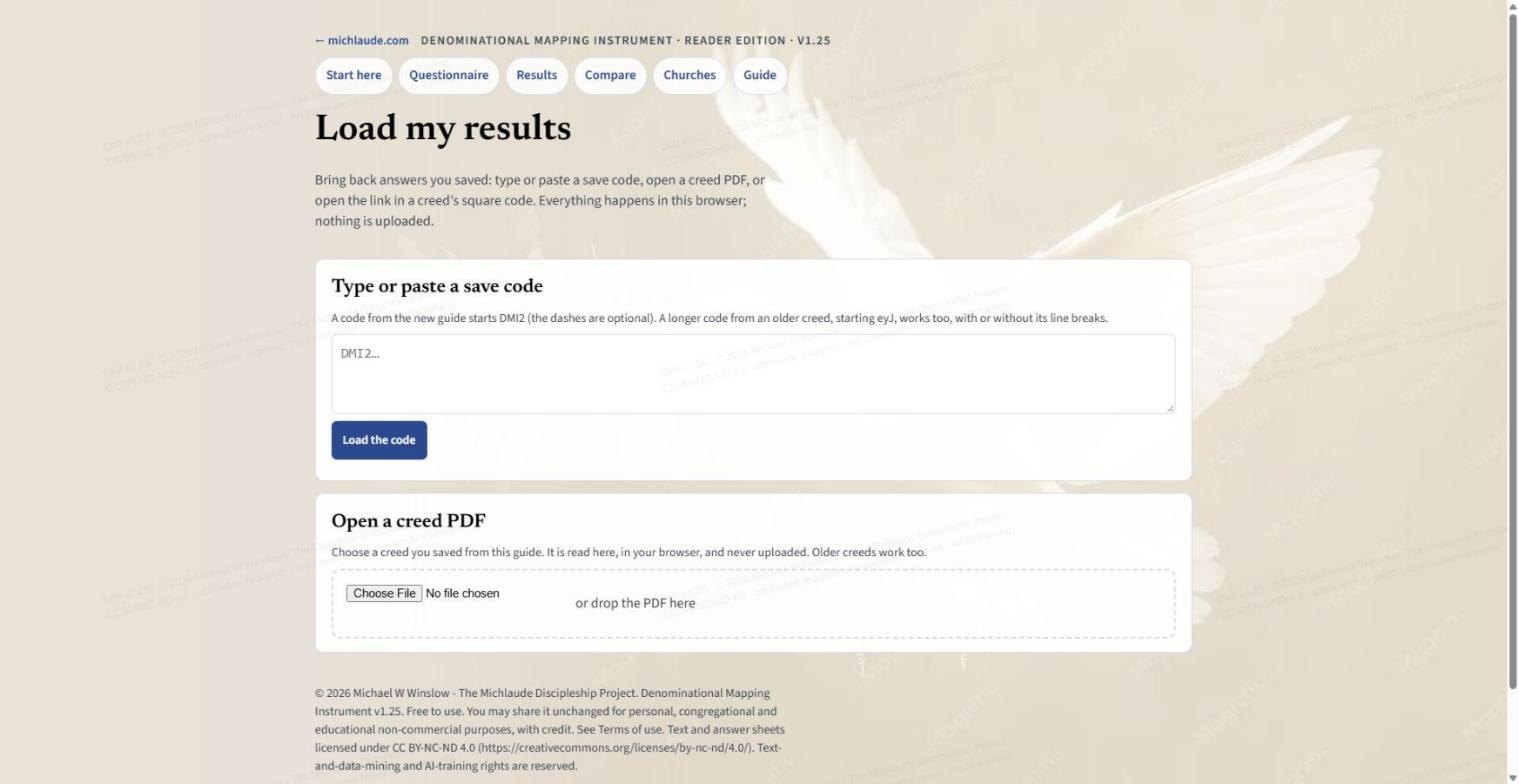 Load my results: type or paste a save code, or open a creed PDF. Everything is read in the browser and nothing is uploaded.