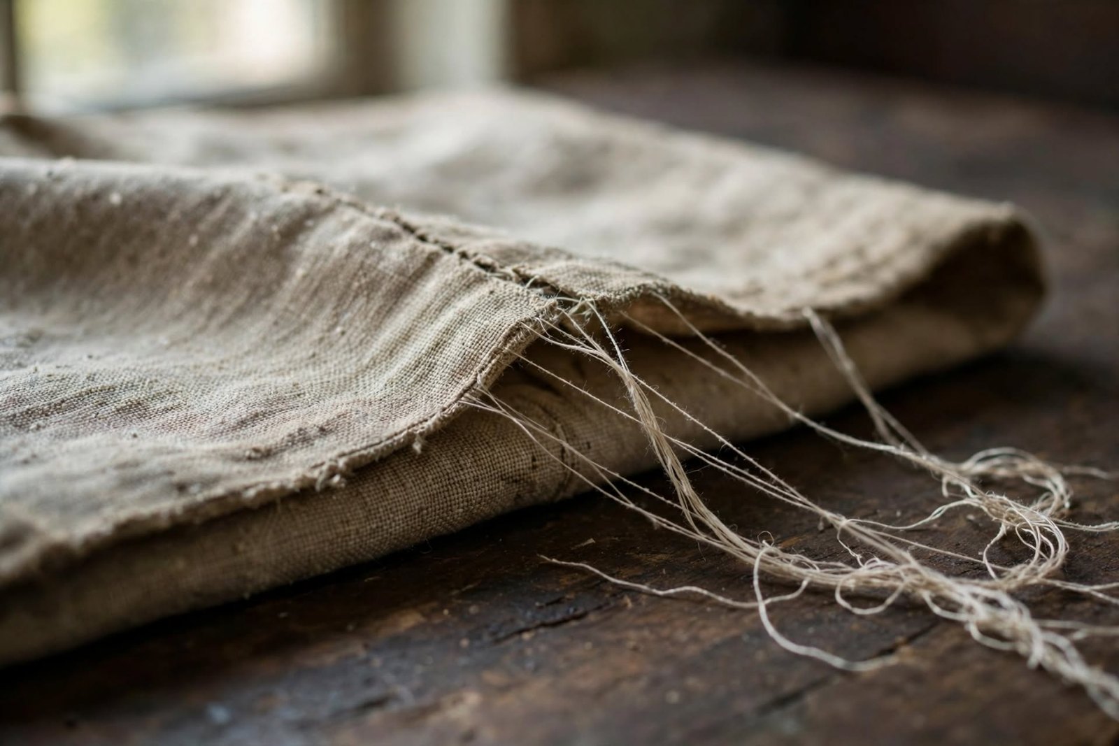 A frayed edge of folded linen cloth on a dark wooden table, with loose threads pulled free and trailing across the wood.