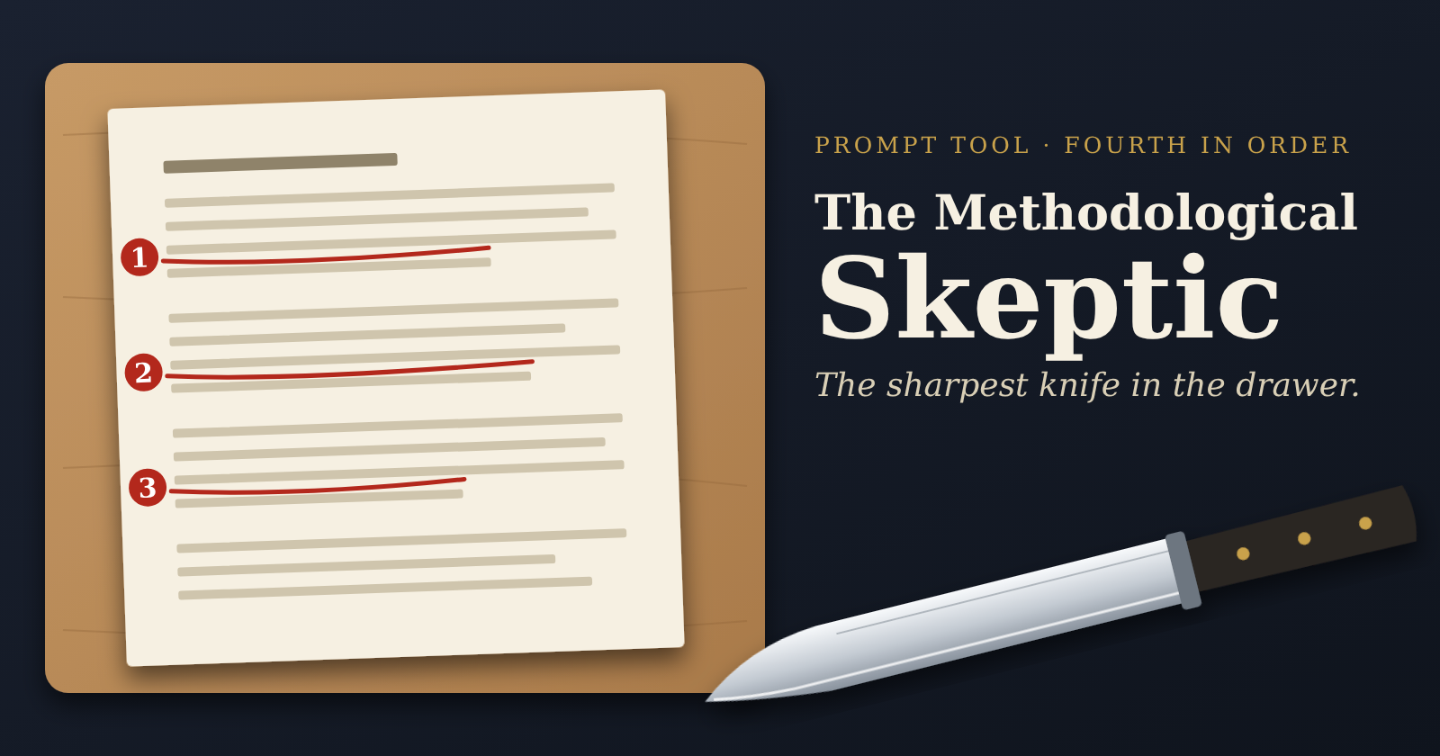A page of text on a cutting board with three lines marked in red and numbered one to three, beside a large steel knife. The title reads The Methodological Skeptic, the sharpest knife in the drawer.