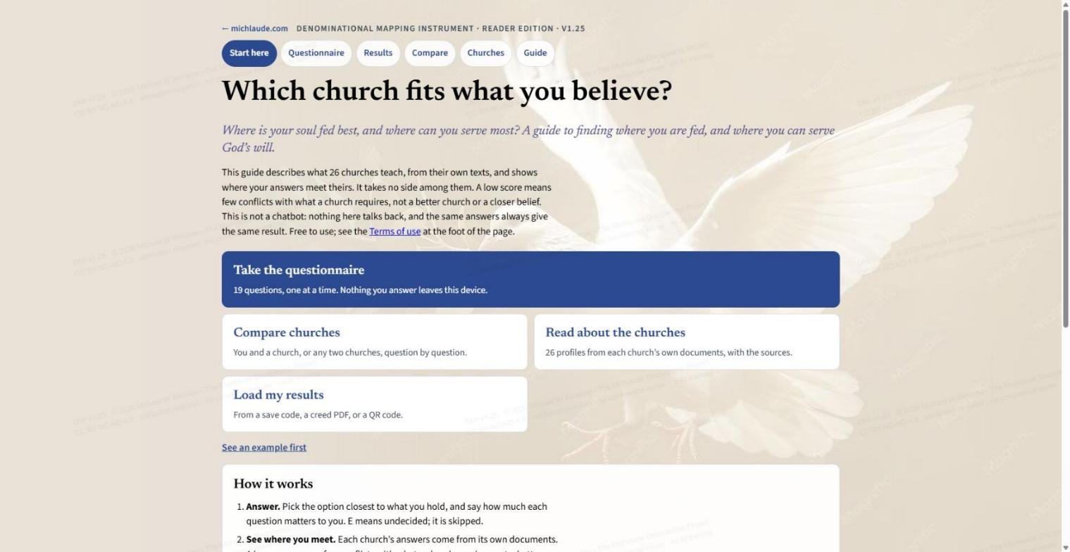 The DMI start page: Take the questionnaire, Compare churches, Read about the churches, Load my results, and a link to see an example first.