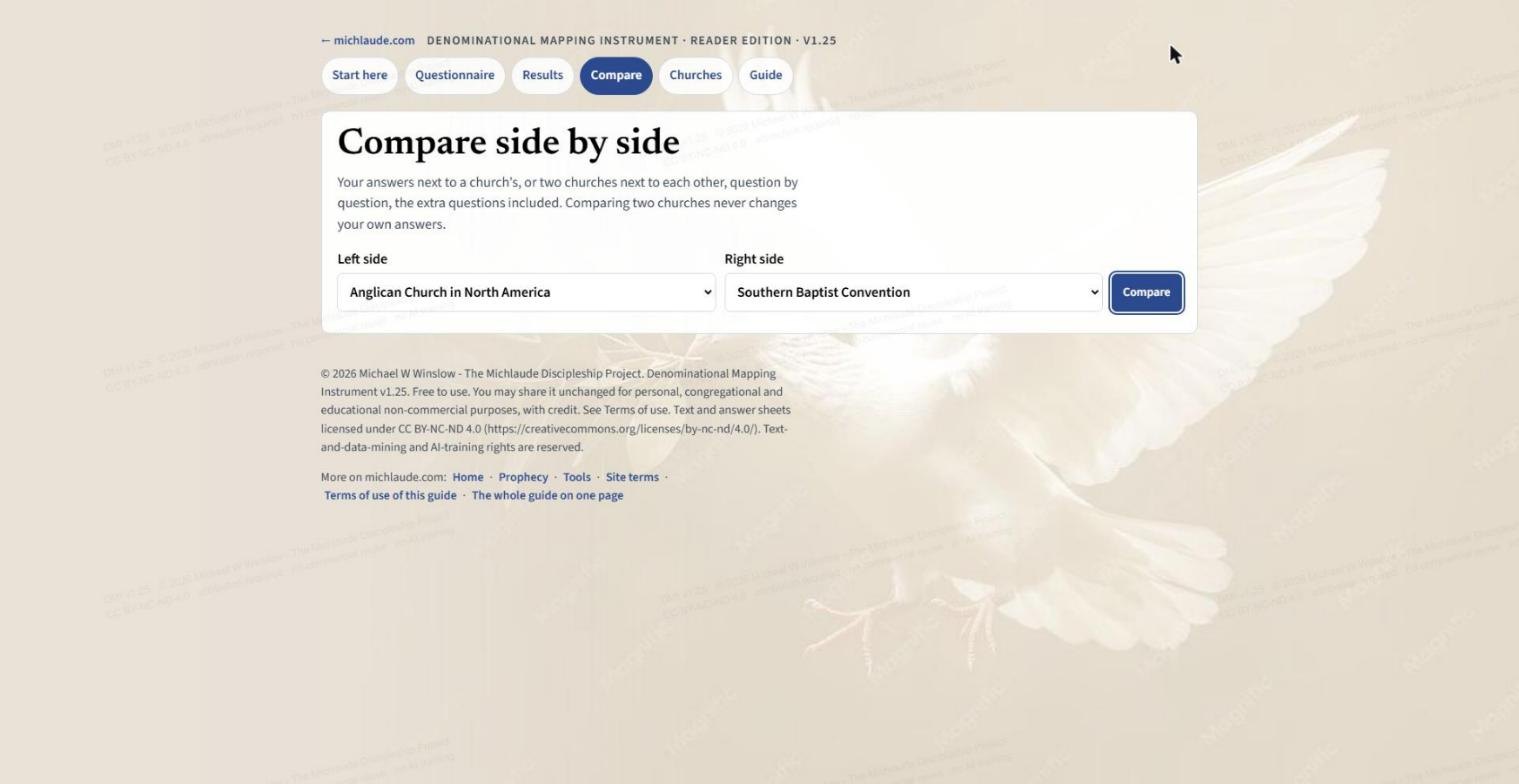 The Compare page: a Left side and a Right side menu, then the Compare button. The left side can be You (your answers) or any church; the right side is any church.