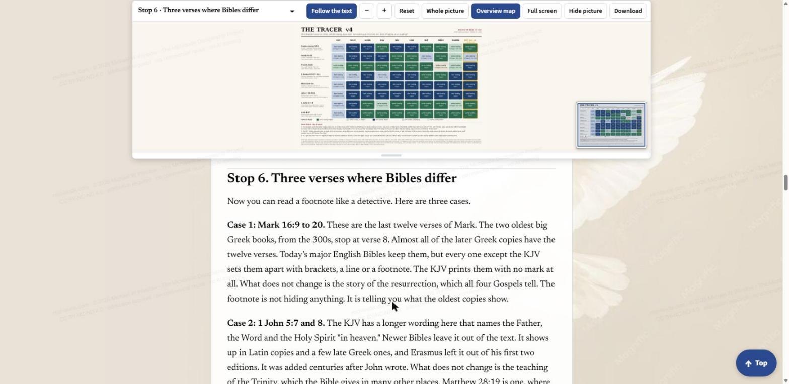 Stop 6 and the Tracer: a grid of ten Bibles across the top and eight disputed verses down the side, each cell showing whether that Bible flags the verse.