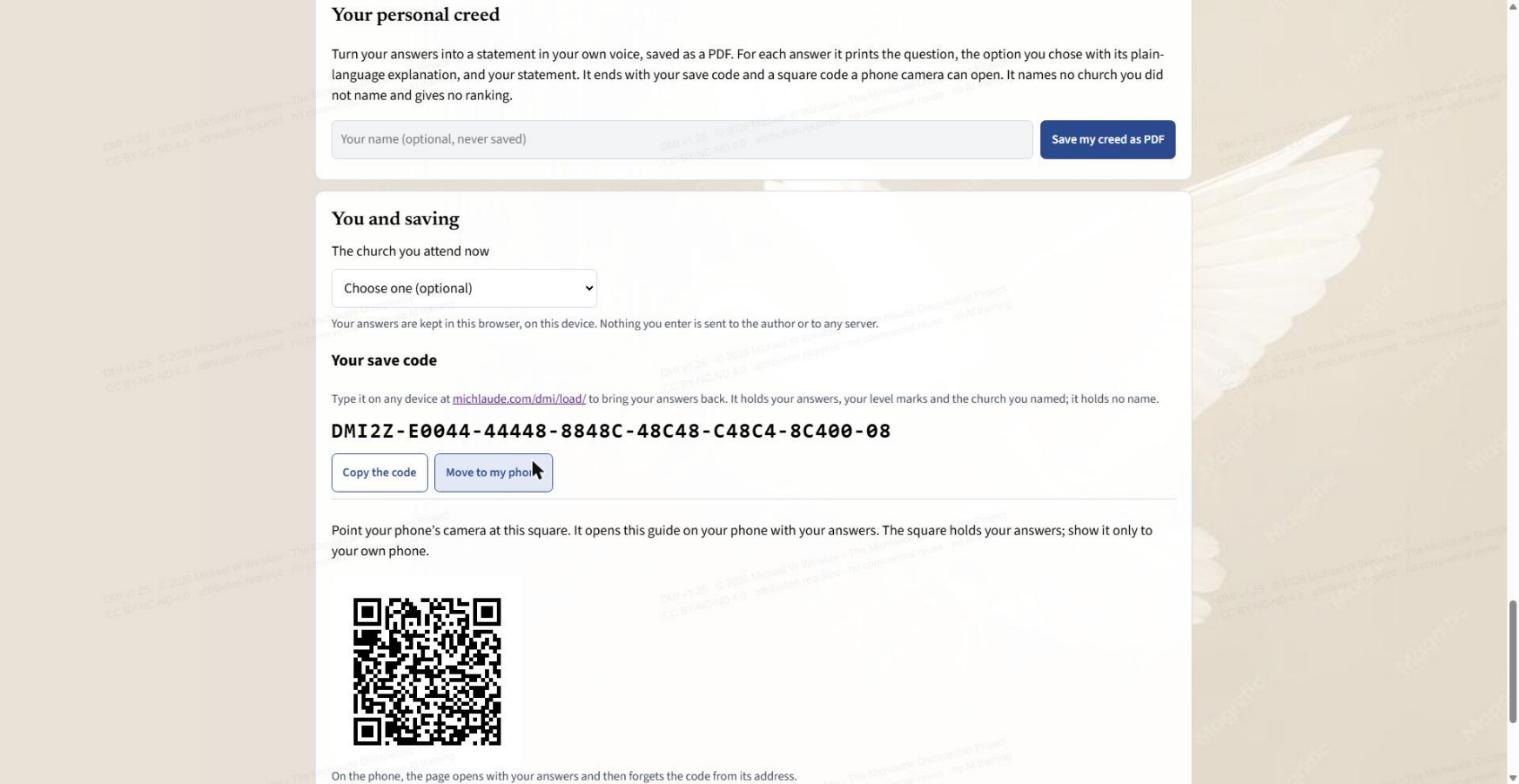 The lower part of the results page: Save my creed as PDF with an optional name, the church you attend, a save code with Copy the code, and Move to my phone showing a QR code. The code shown is from made-up sample answers.