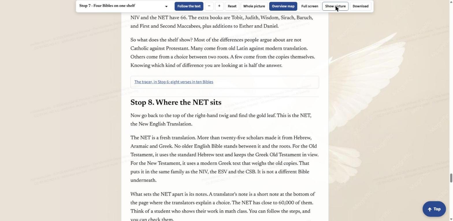 Hide picture pressed: the chart pane folds away so the text can be read alone, and the button now reads Show picture.