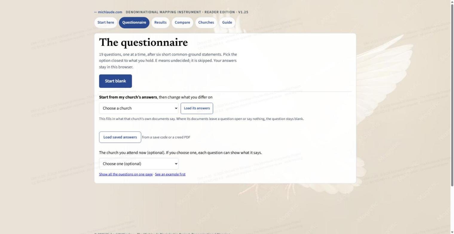 The questionnaire opening screen: Start blank, start from a church's answers, load saved answers, and an optional choice of the church you attend now.