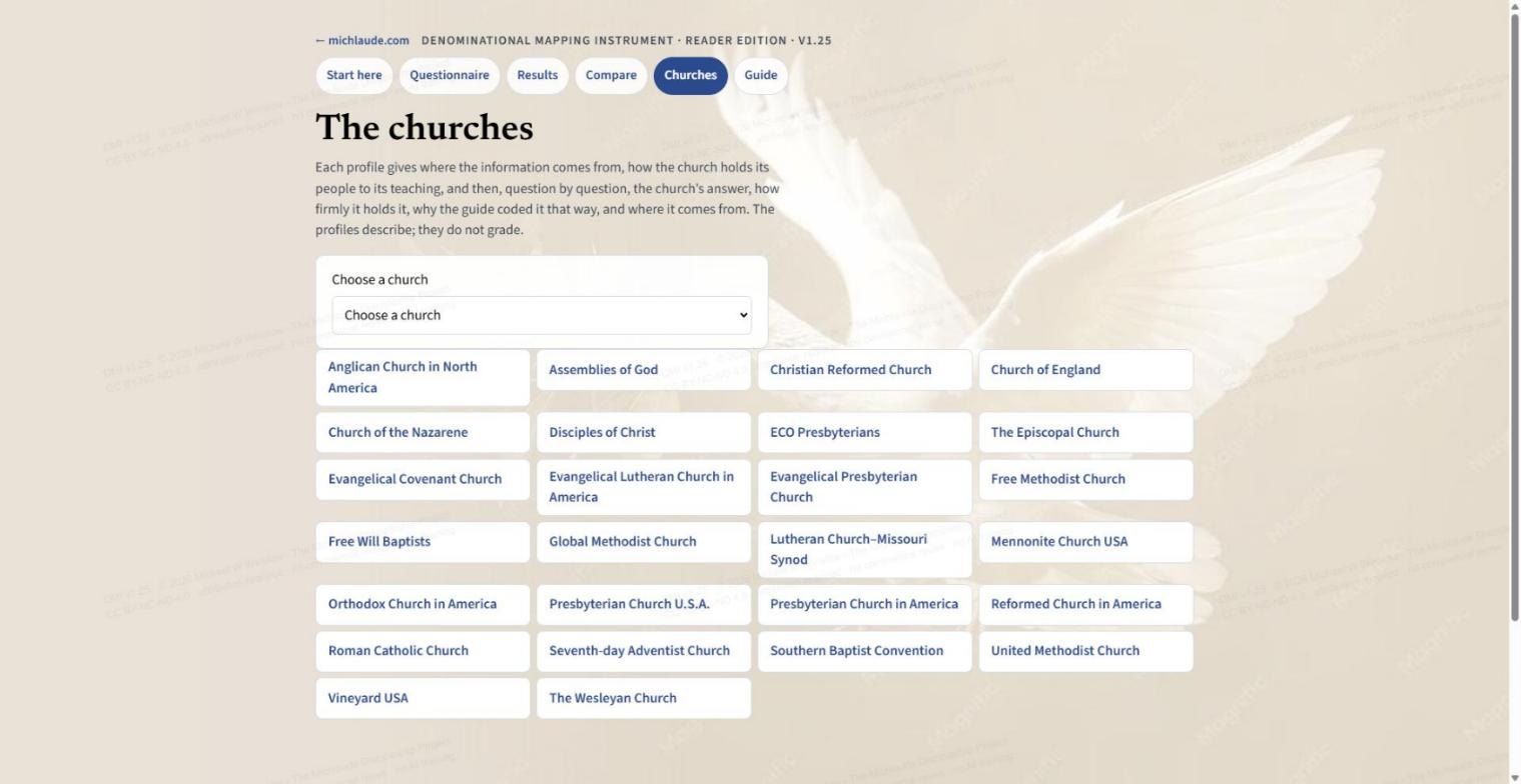 The Churches page: a Choose a church menu and a button for each of the 26 churches. Each profile gives the church's answers question by question, with sources.