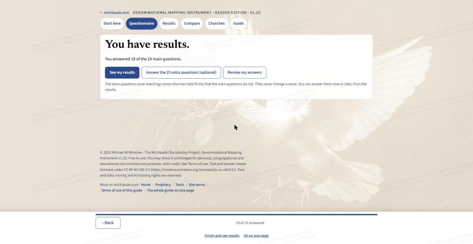 The end of the questionnaire: See my results, Answer the 25 extra questions (optional), and Review my answers.