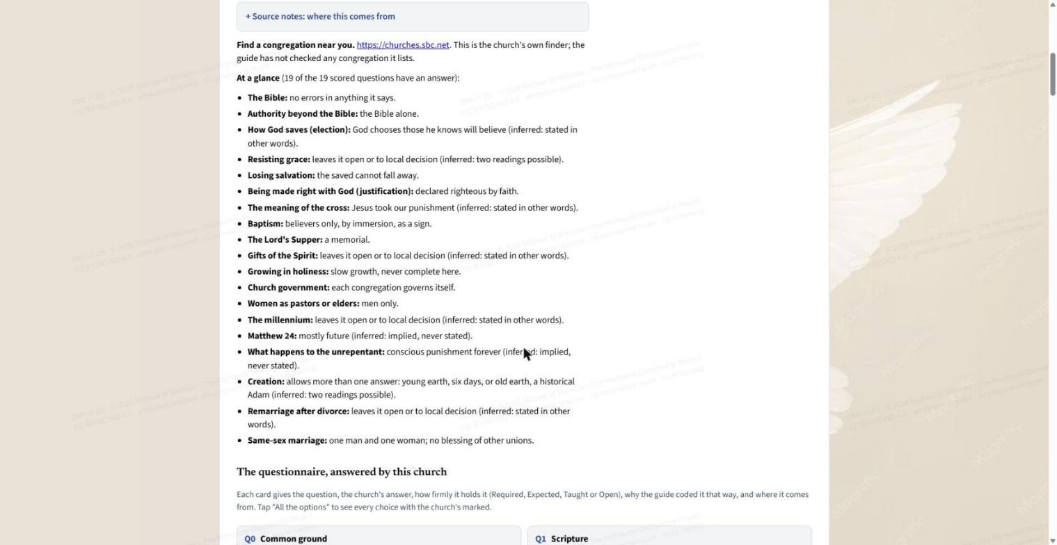 A church's answers at a glance: the 19 questions in plain words as the church's own documents answer them, with a note where the answer is inferred rather than stated.