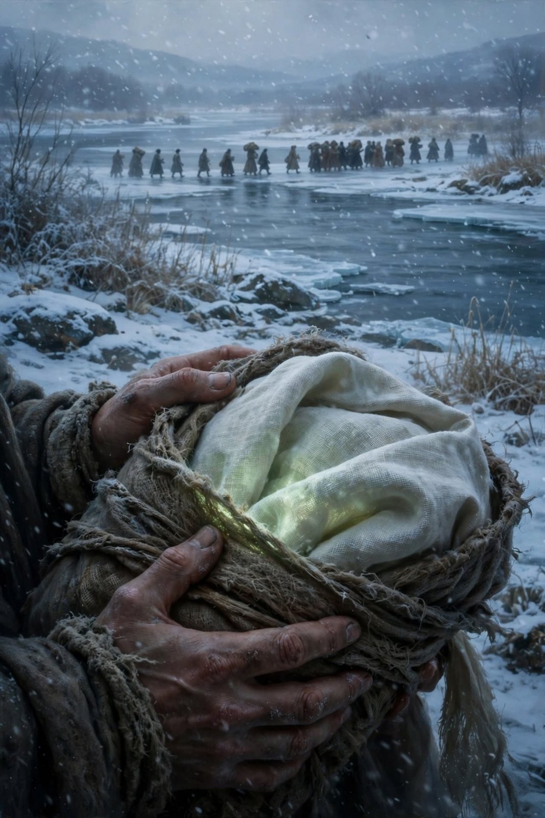 A weathered man's hands hold a bundle of white cloth glowing faintly green, in falling snow beside a half-frozen river, while a line of people carrying bundles walks across the ice in the distance.