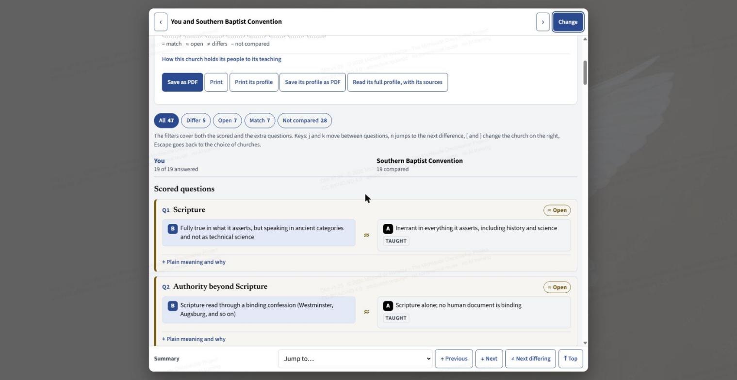 The comparison question by question: your answer on the left, the church's answer and its level on the right, with filters for Differ, Open, Match and Not compared, and a Plain meaning and why fold on each row.