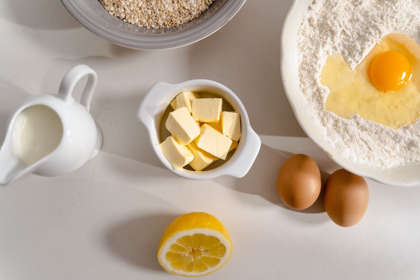 All the ingredients for shrimp pie laid out on a kitchen counter